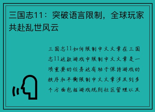 三国志11：突破语言限制，全球玩家共赴乱世风云