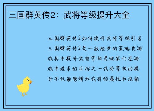 三国群英传2：武将等级提升大全